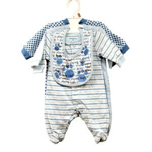 NEW Small Wonder Newborn Boy 3‎ Piece Footed Pajamas With Bib 100% Cotton Bear